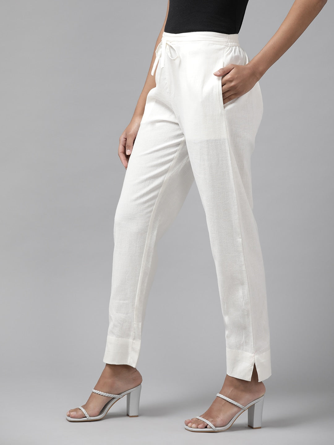 White Cotton Fit Trousers-Yufta Store-4206PNTWHS