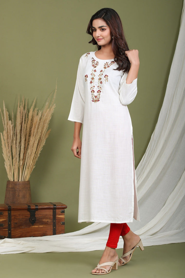 White Embroidered Kurta-Yufta Store-2406KURWHM