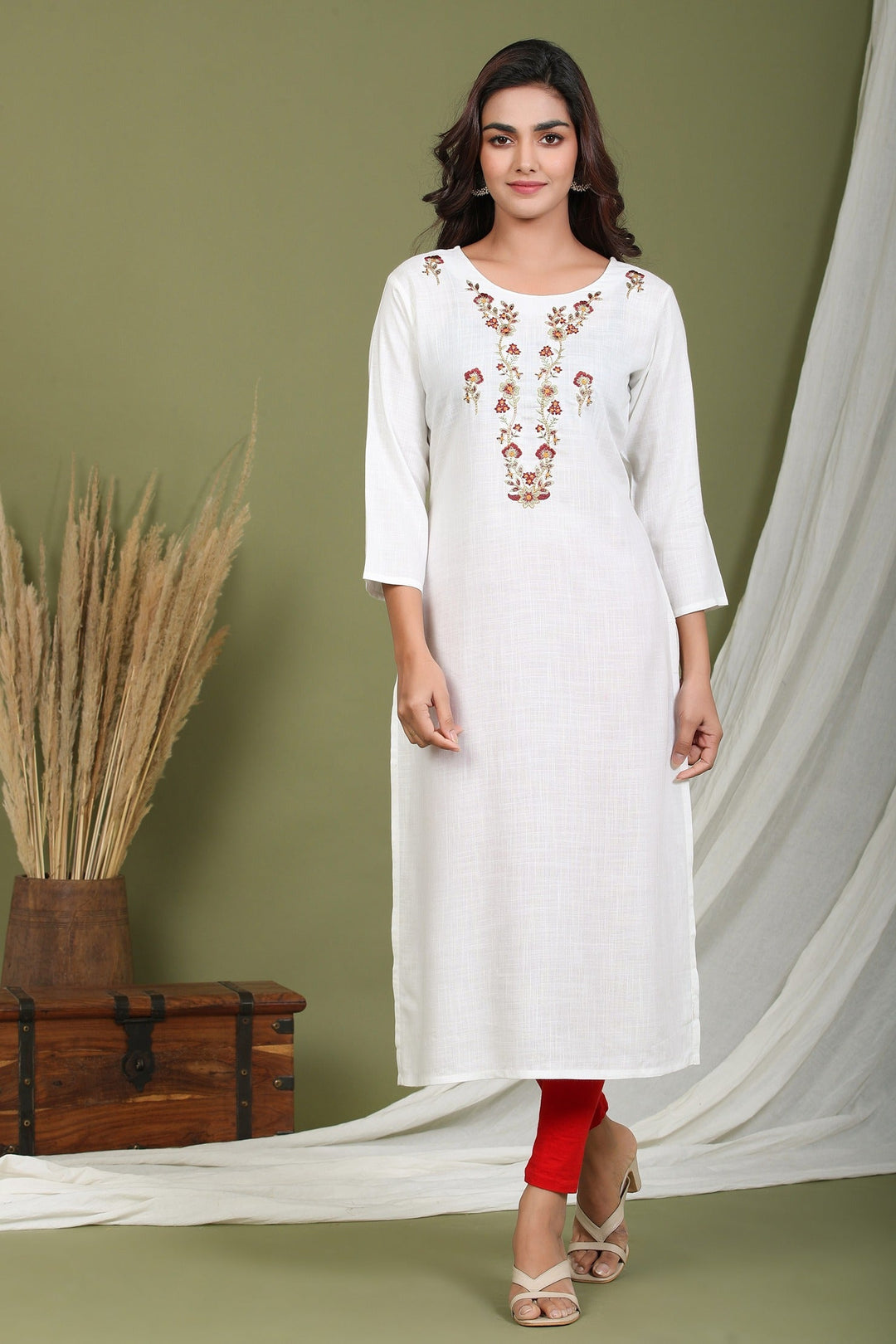 White Embroidered Kurta-Yufta Store-2406KURWHM