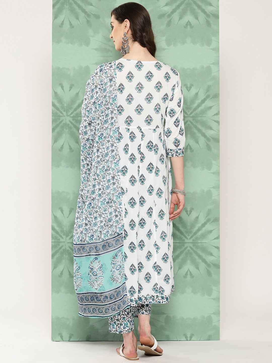 White Ethnic Motifs Printed Pure Cotton Kurta with Trousers & Dupatta Set-Yufta Store-1421SKDWHS