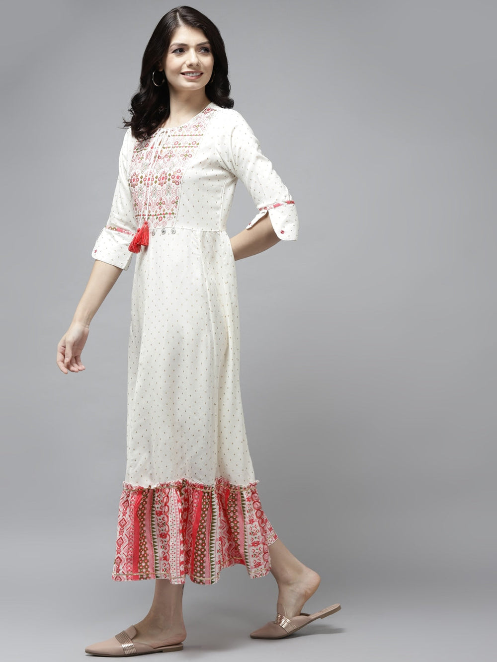 White Ethnic Printed A-Line Dress-Yufta Store-5801DRSWHS
