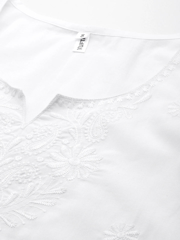 White Floral Chikankari Embroidered Pure Cotton Top-Yufta Store-1861TOPWHS