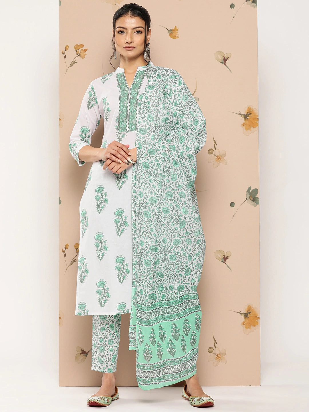 White Floral Cotton Kurta Dupatta Set-Yufta Store-1241SKDWHS