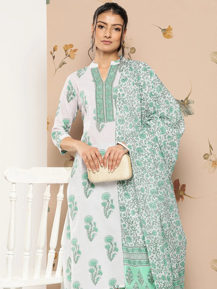 White Floral Cotton Kurta Dupatta Set-Yufta Store-1241SKDWHS