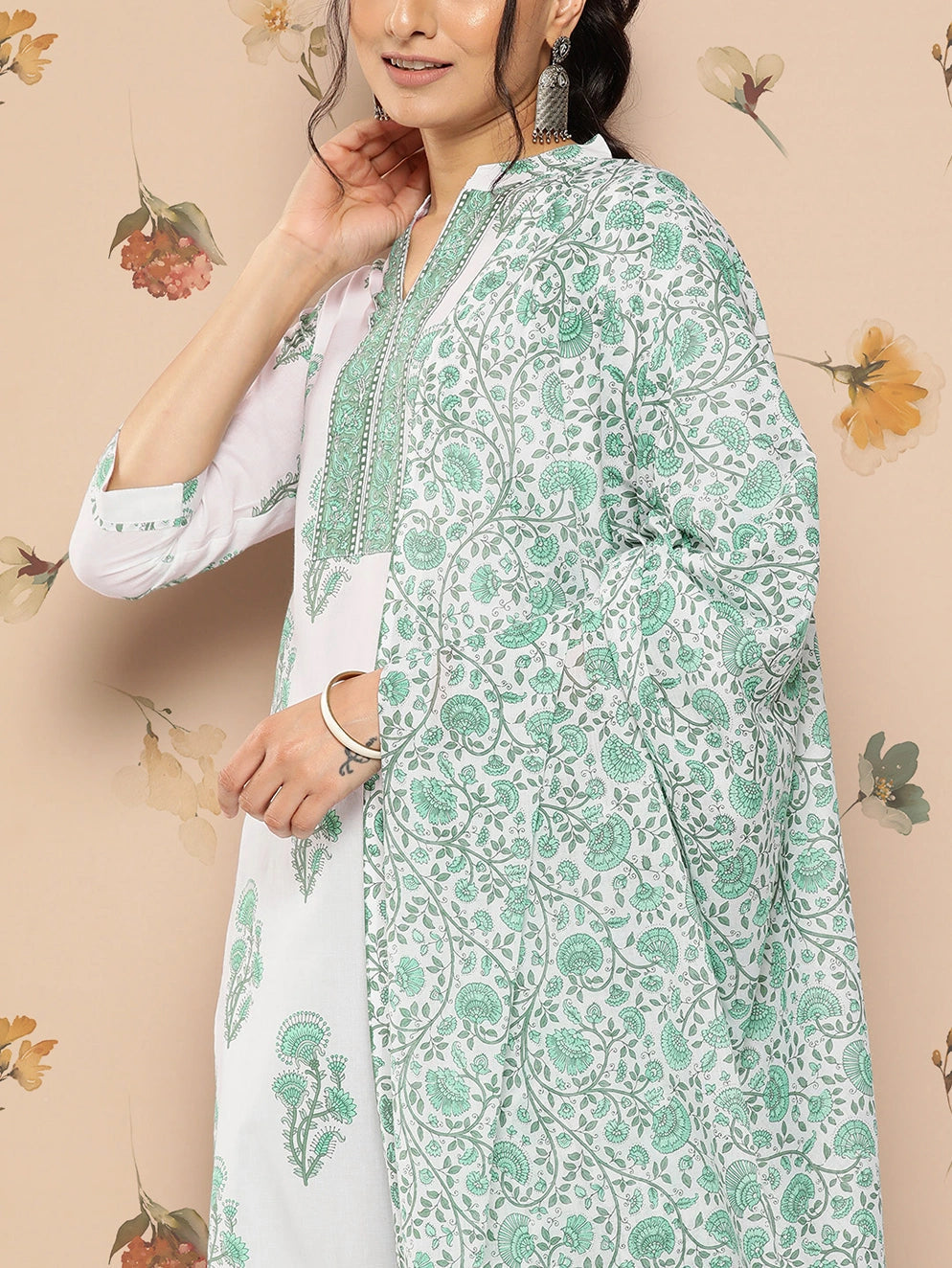 White Floral Cotton Kurta Dupatta Set-Yufta Store-1241SKDWHS