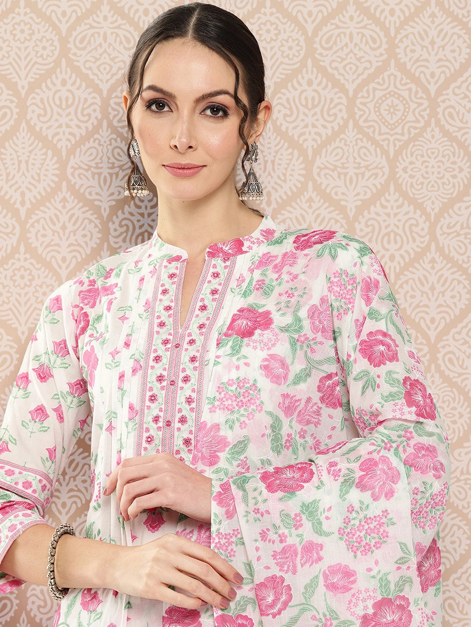 White Floral Embroidered Regular Mirror Work Pure Cotton Kurta Set-Yufta Store-1388SKDWHS