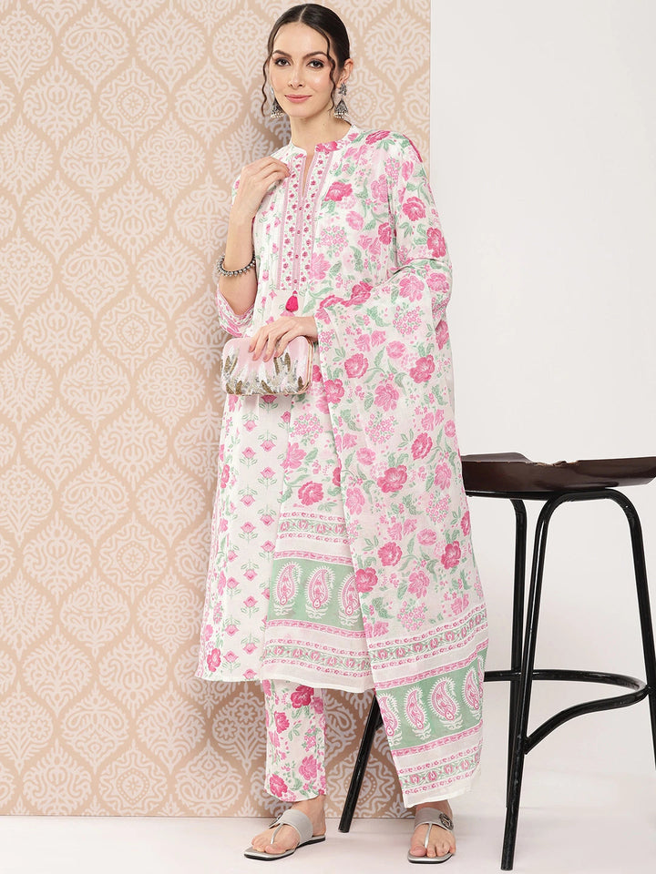 White Floral Embroidered Regular Mirror Work Pure Cotton Kurta Set-Yufta Store-1388SKDWHS