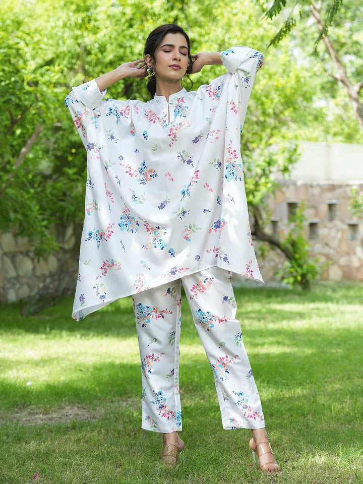 White Floral Print Kaftan Kurta with Trousers Co-Ords-Yufta Store-1507CRDWHS