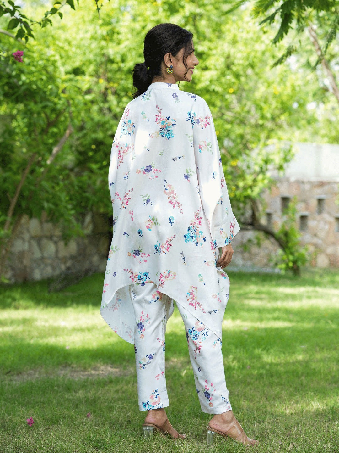 White Floral Print Kaftan Kurta with Trousers Co-Ords-Yufta Store-1507CRDWHS