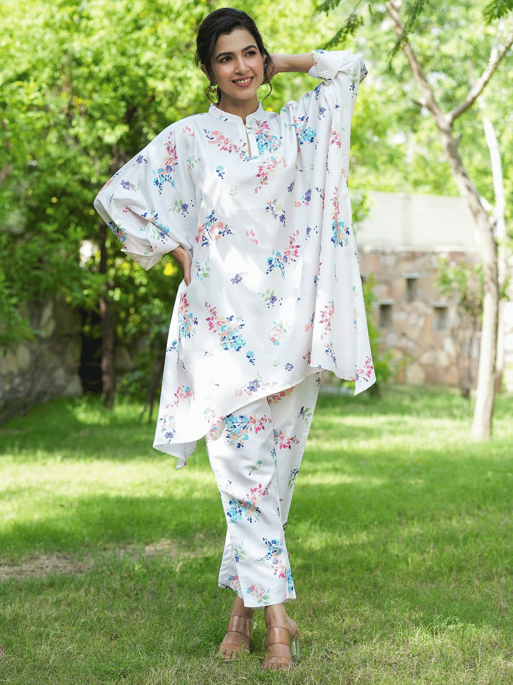 White Floral Print Kaftan Kurta with Trousers Co-Ords-Yufta Store-1507CRDWHS