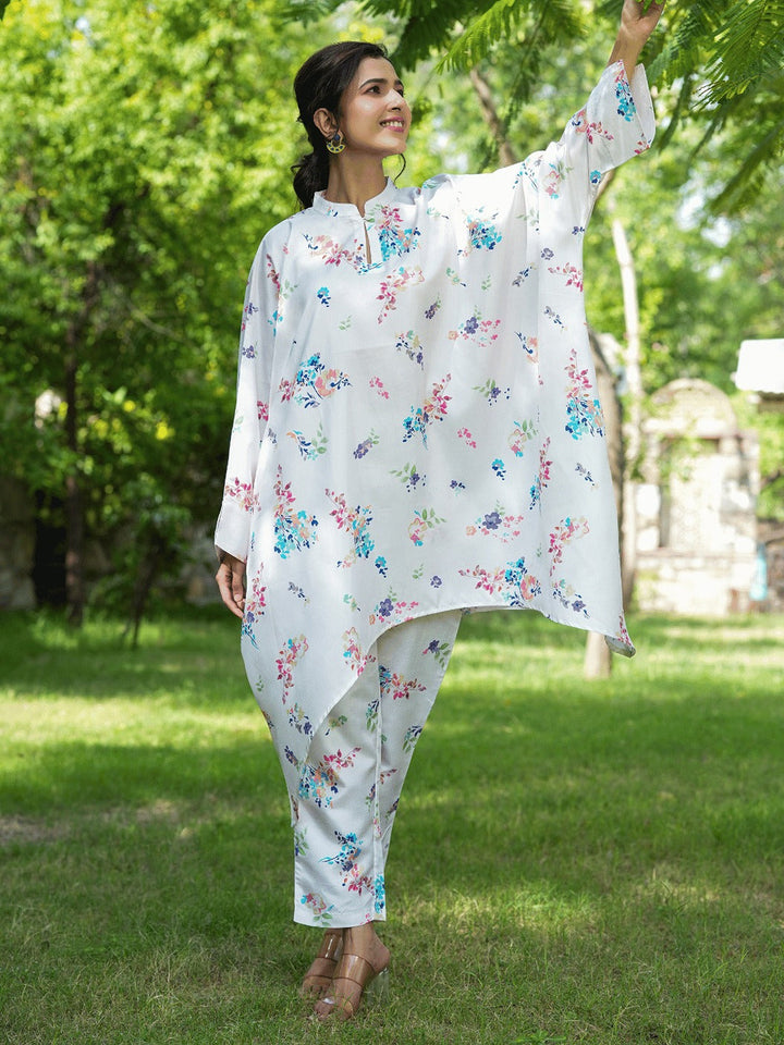 White Floral Print Kaftan Kurta with Trousers Co-Ords-Yufta Store-1507CRDWHS