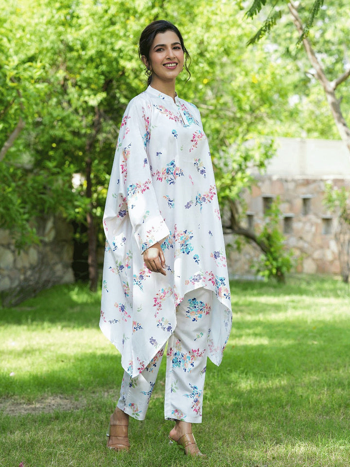 White Floral Print Kaftan Kurta with Trousers Co-Ords-Yufta Store-1507CRDWHS