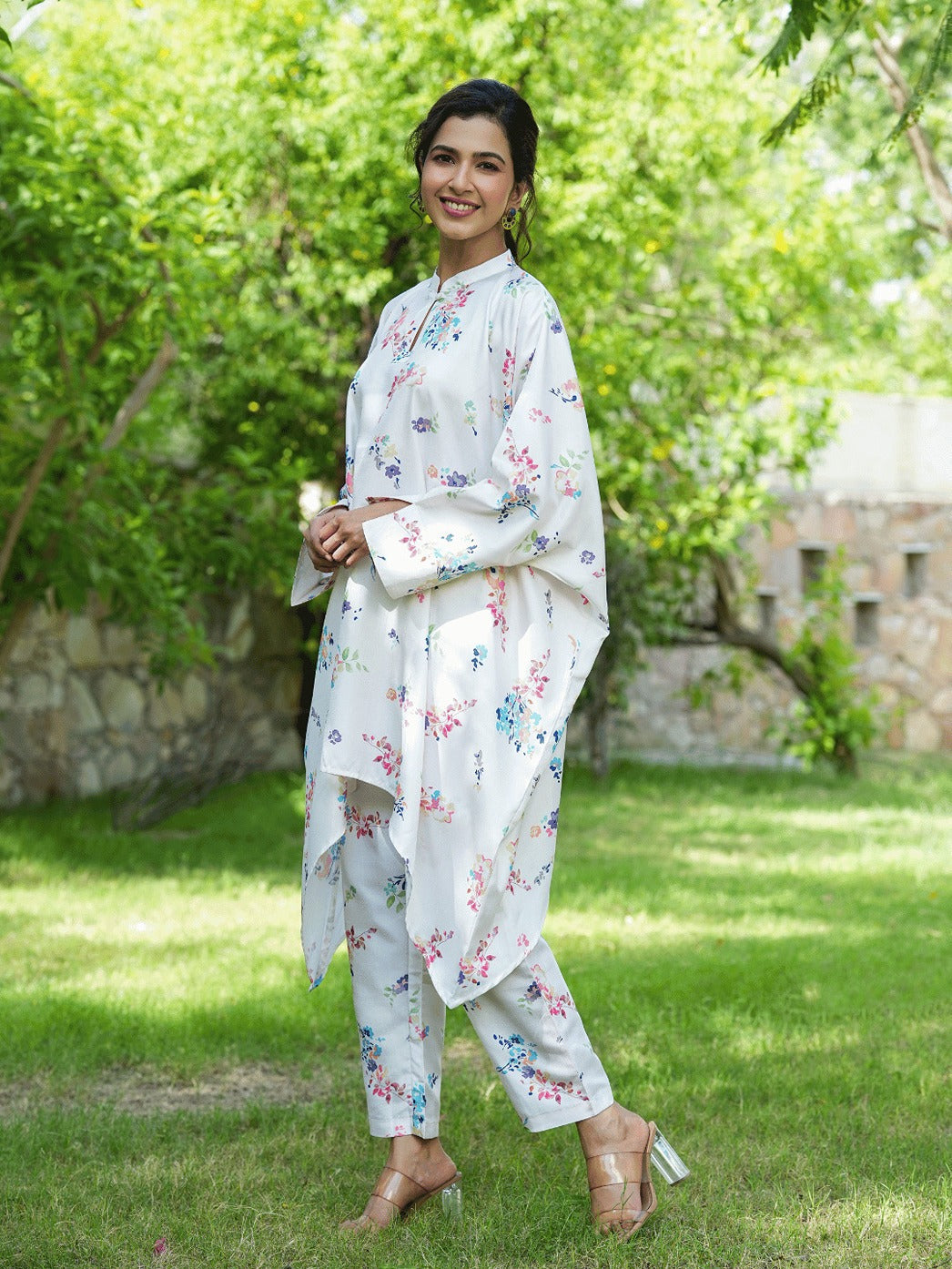 White Floral Print Kaftan Kurta with Trousers Co-Ords-Yufta Store-1507CRDWHS