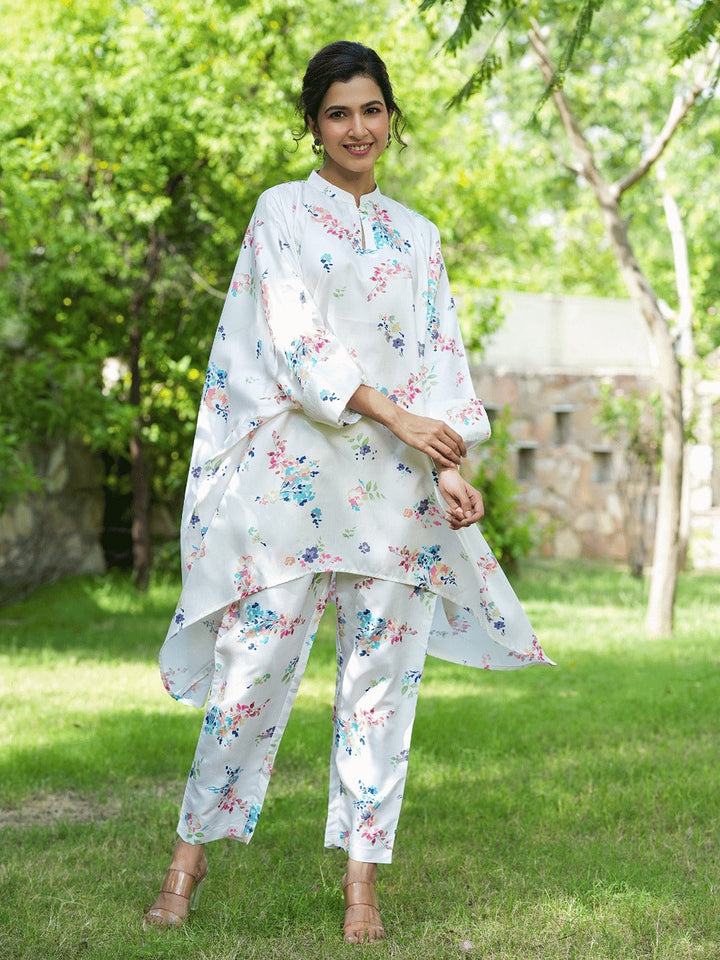 White Floral Print Kaftan Kurta with Trousers Co-Ords-Yufta Store-1507CRDWHS