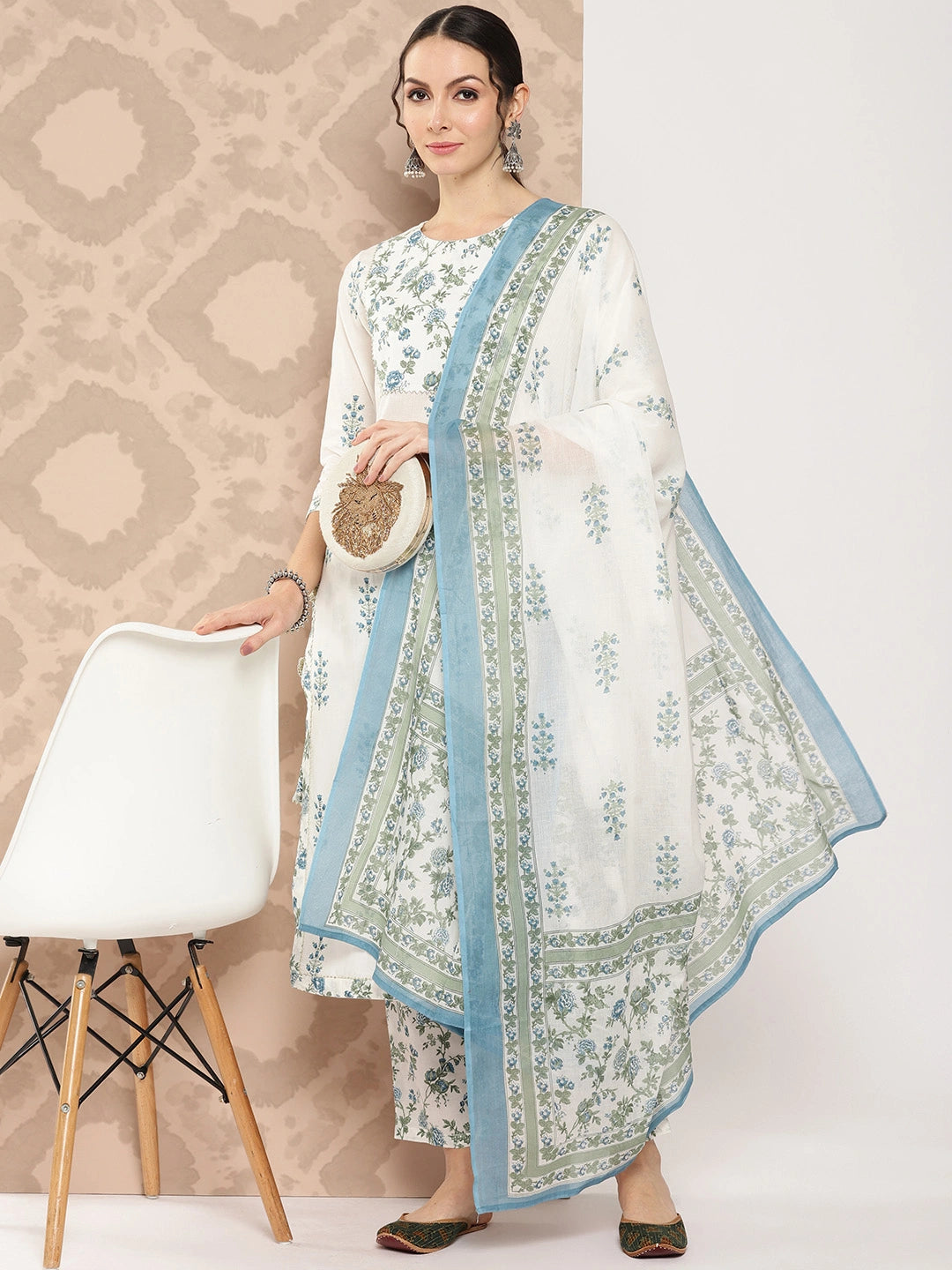 White Floral Print Sequinned Pure Cotton Kurta with Trousers & Dupatta Set-Yufta Store-1394SKDWHS