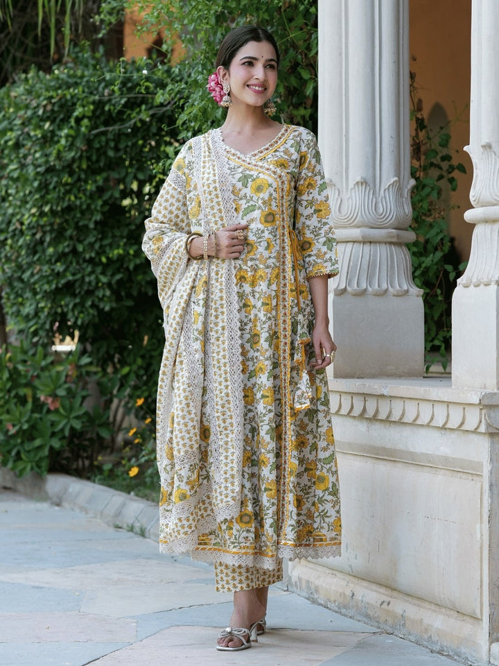 White Floral Printed Angrakha Pure Cotton Kurta with Trousers & Dupatta Set-Yufta Store-1313SKDWHS