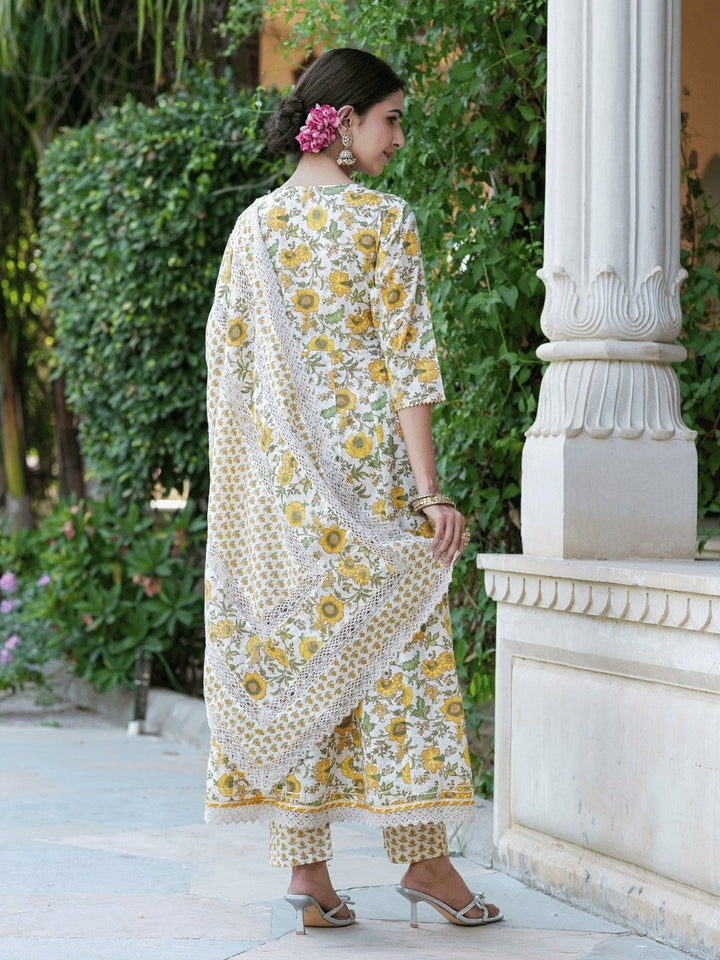 White Floral Printed Angrakha Pure Cotton Kurta with Trousers & Dupatta Set-Yufta Store-1313SKDWHS