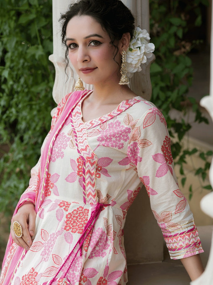 White Floral Printed Angrakha Pure Cotton Kurta with Trousers with dupatta Set-Yufta Store-1314SKDWHS