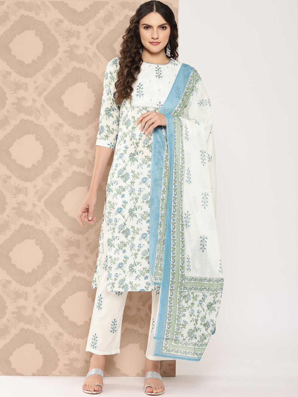 White Floral Printed Gotta Patti Pure Cotton Kurta with Trousers & Dupatta Set