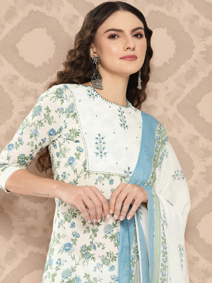 White Floral Printed Gotta Patti Pure Cotton Kurta with Trousers & Dupatta Set-Yufta Store-1395SKDWHS