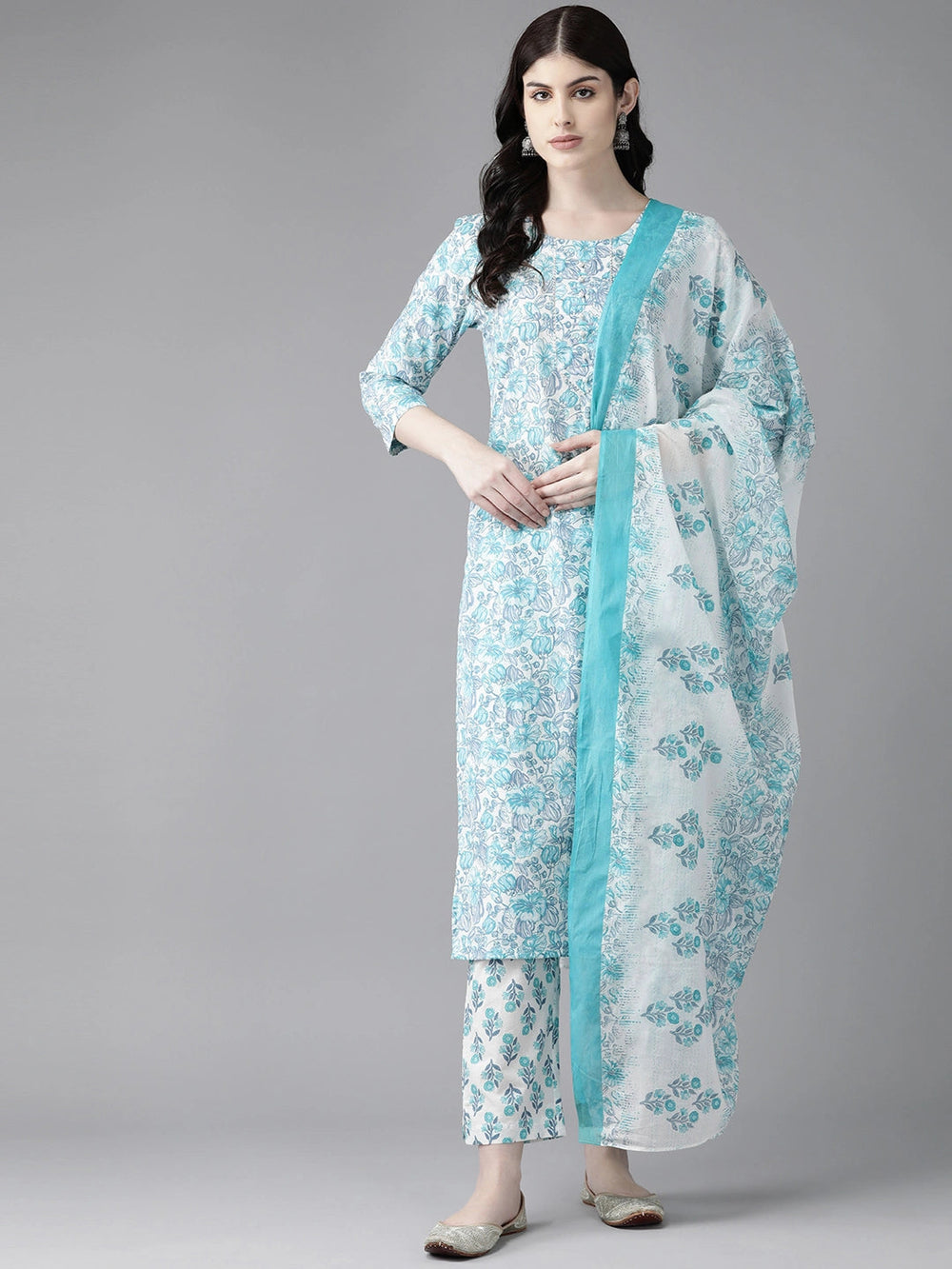 White Floral Printed Gotta-Patti Pure Cotton Kurta with Trousers & Dupatta