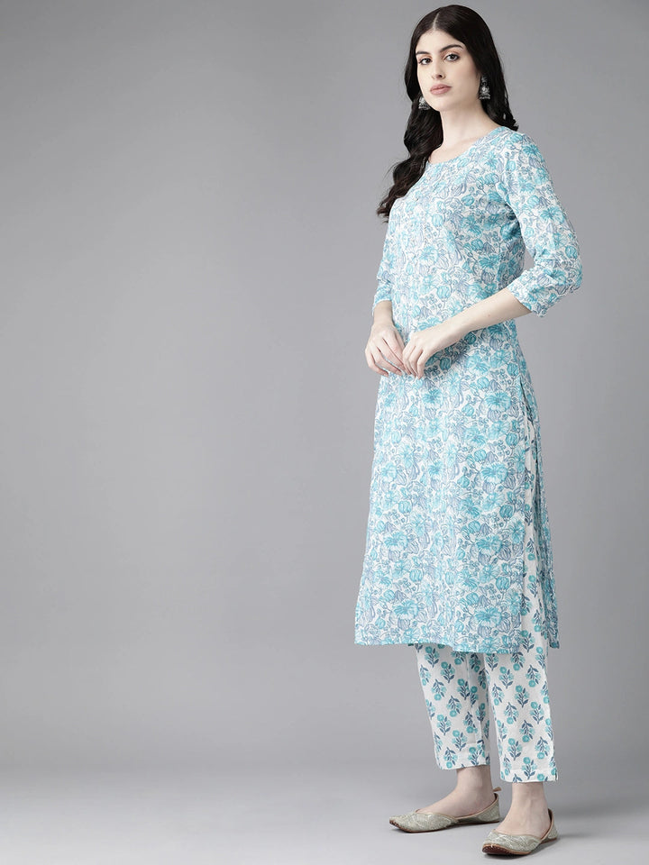 White Floral Printed Gotta-Patti Pure Cotton Kurta with Trousers & Dupatta-Yufta Store-1380SKDWHS