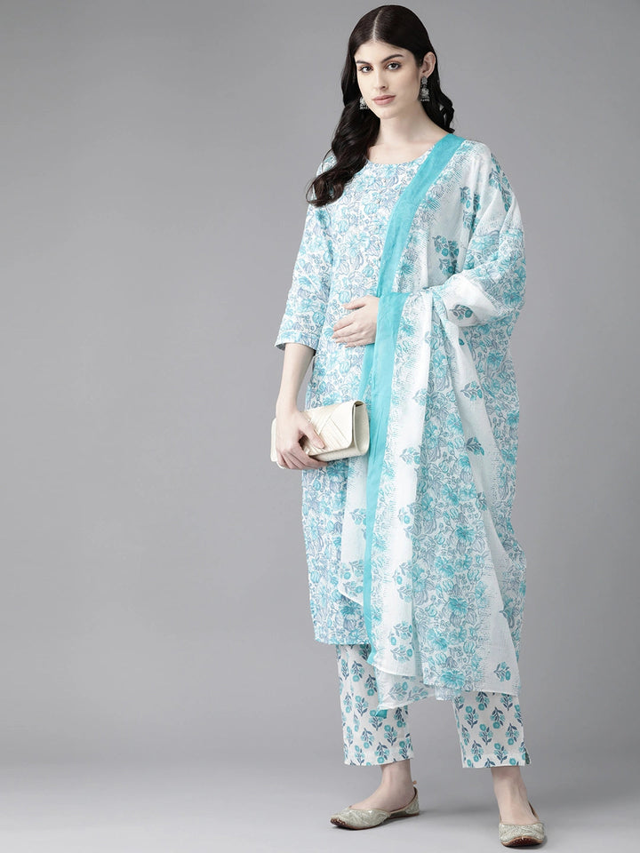 White Floral Printed Gotta-Patti Pure Cotton Kurta with Trousers & Dupatta-Yufta Store-1380SKDWHS