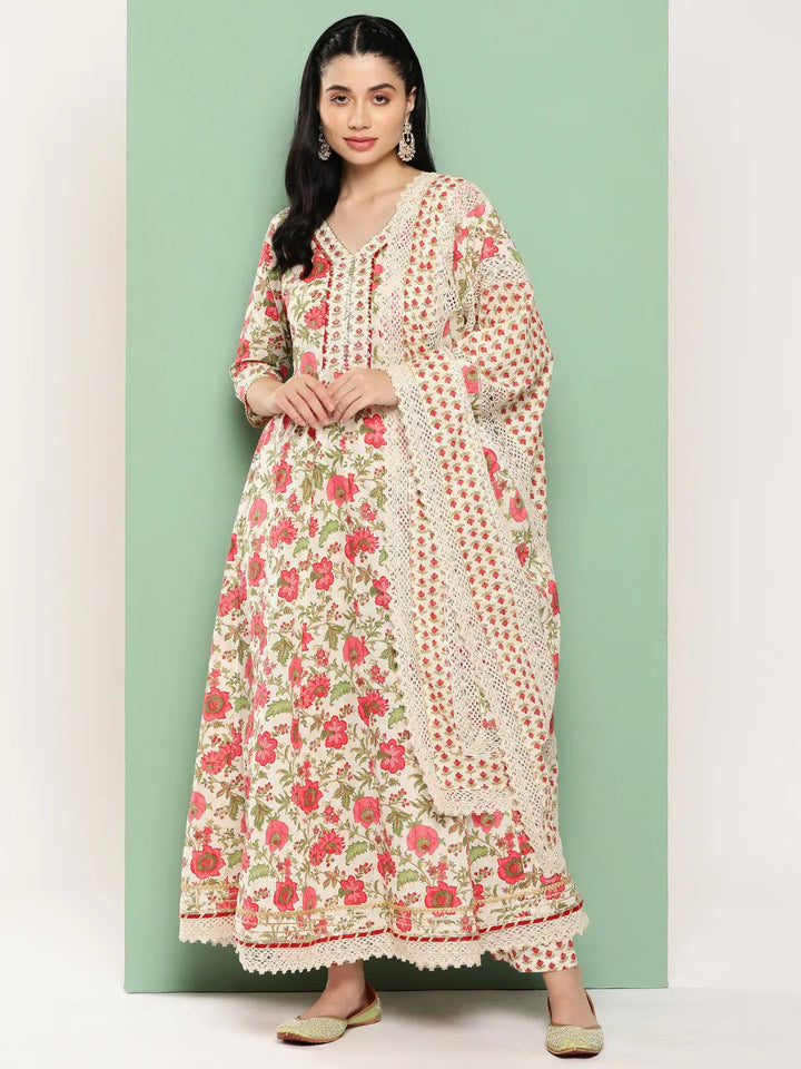 White Floral Printed Regular Pure Cotton Kurta with Trousers & Dupatta