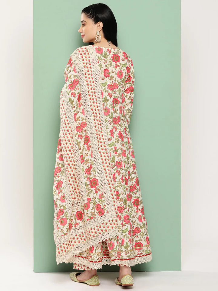 White Floral Printed Regular Pure Cotton Kurta with Trousers & Dupatta