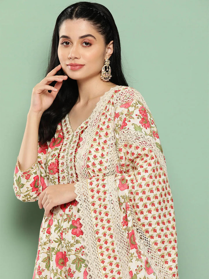 White Floral Printed Regular Pure Cotton Kurta with Trousers & Dupatta