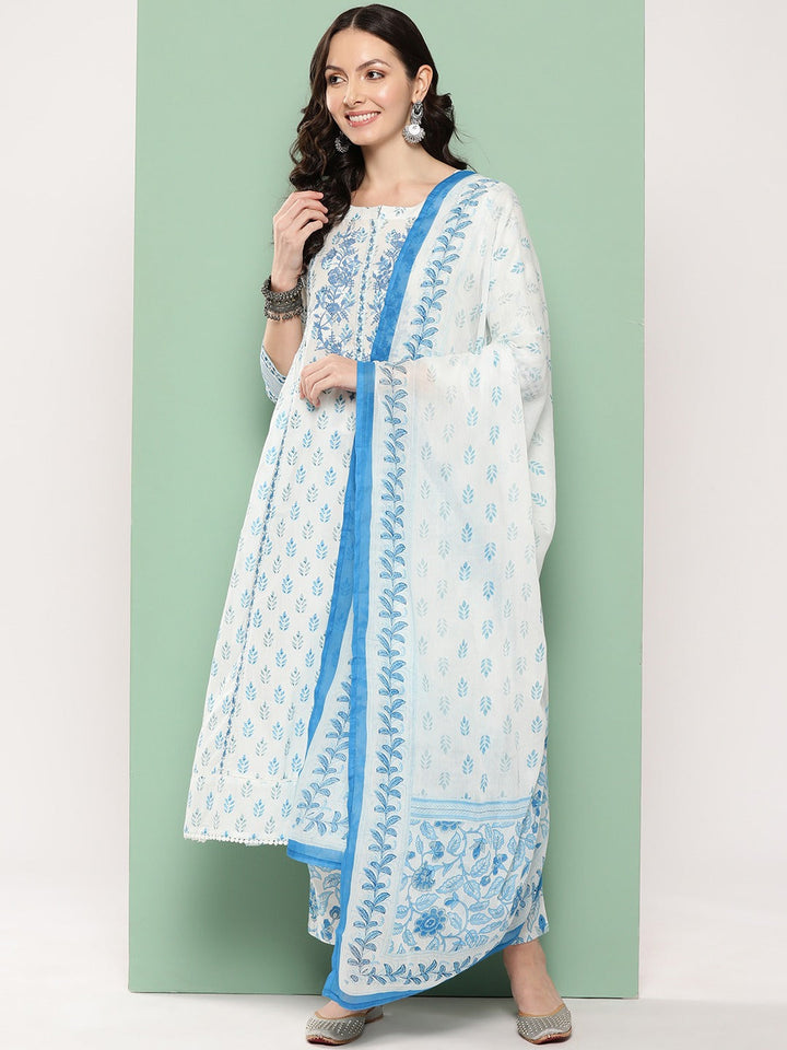 White Floral Printed Regular Pure Cotton Kurta with Trousers & Dupatta-Yufta Store-1389SKDWHS