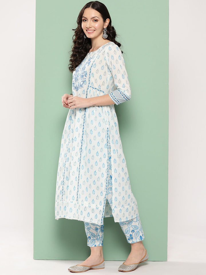 White Floral Printed Regular Pure Cotton Kurta with Trousers & Dupatta-Yufta Store-1389SKDWHS