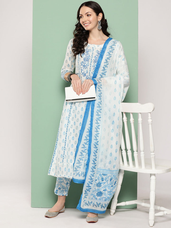 White Floral Printed Regular Pure Cotton Kurta with Trousers & Dupatta-Yufta Store-1389SKDWHS