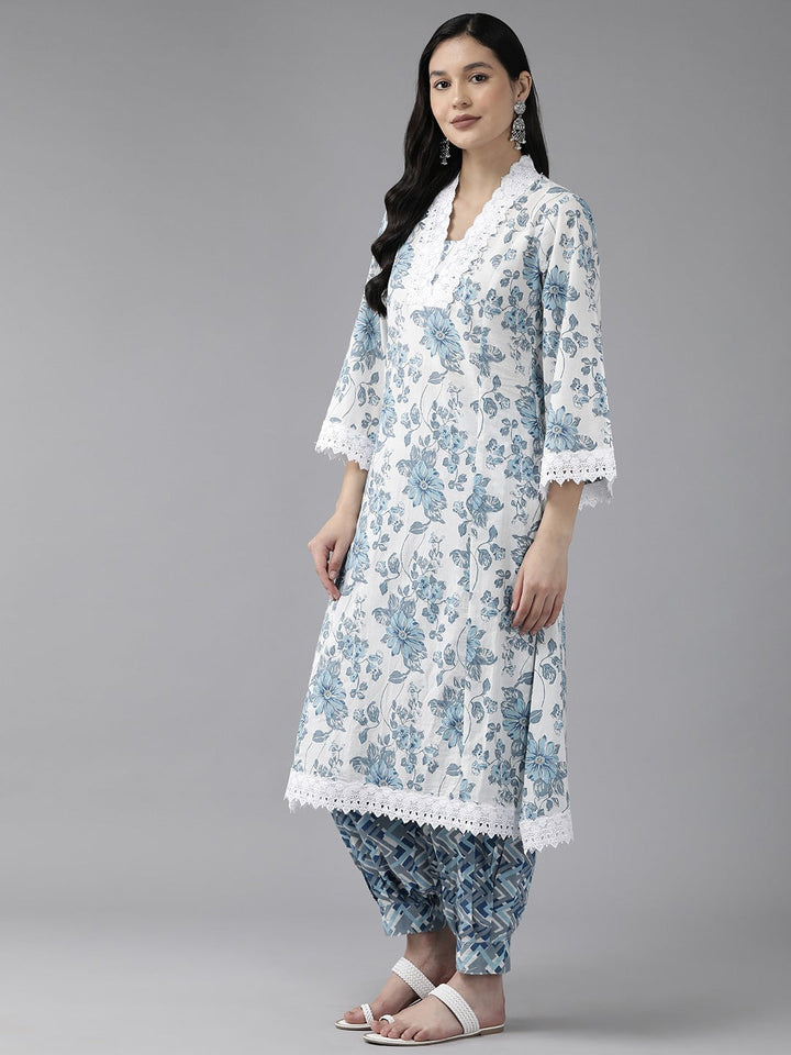 White Floral Printed Thread Work Pure Cotton Kurta with Harem Pants & With Dupatta Set-Yufta Store-1462SKDWHS