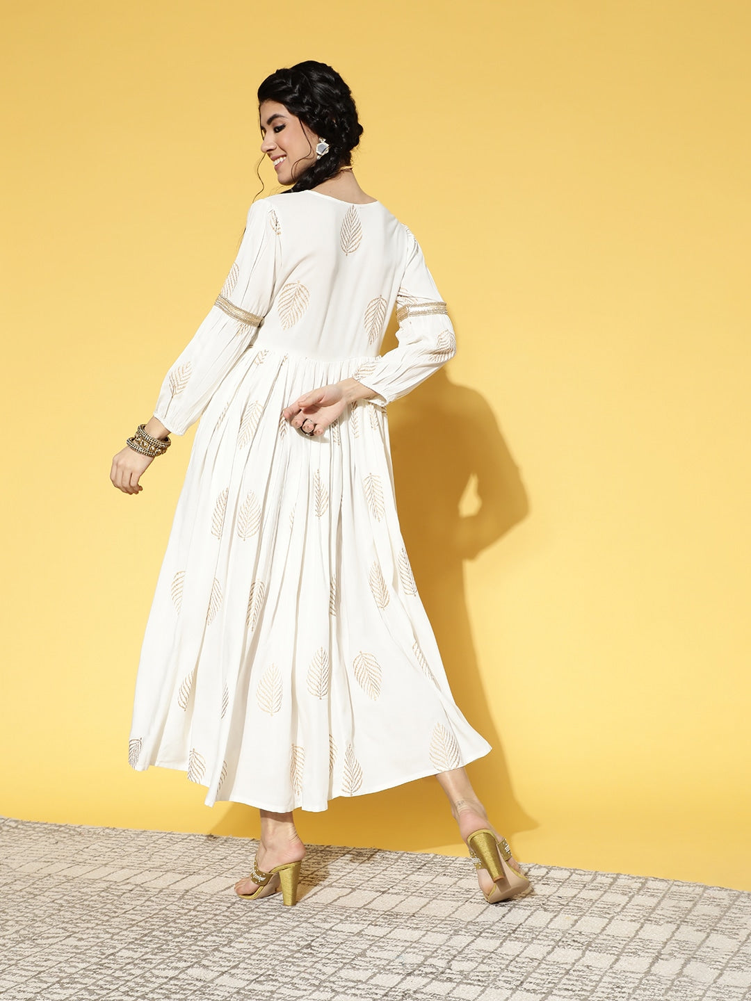 White & Gold-Toned Dress-Yufta Store-9591DRSWHS