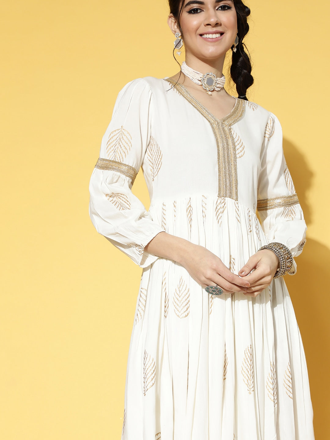 White & Gold-Toned Dress-Yufta Store-9591DRSWHS