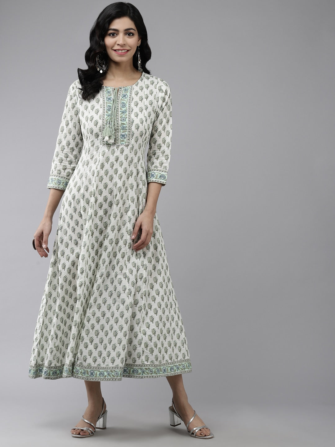 White & Green Ethnic Printed Dress-Yufta Store-7807KURWHS