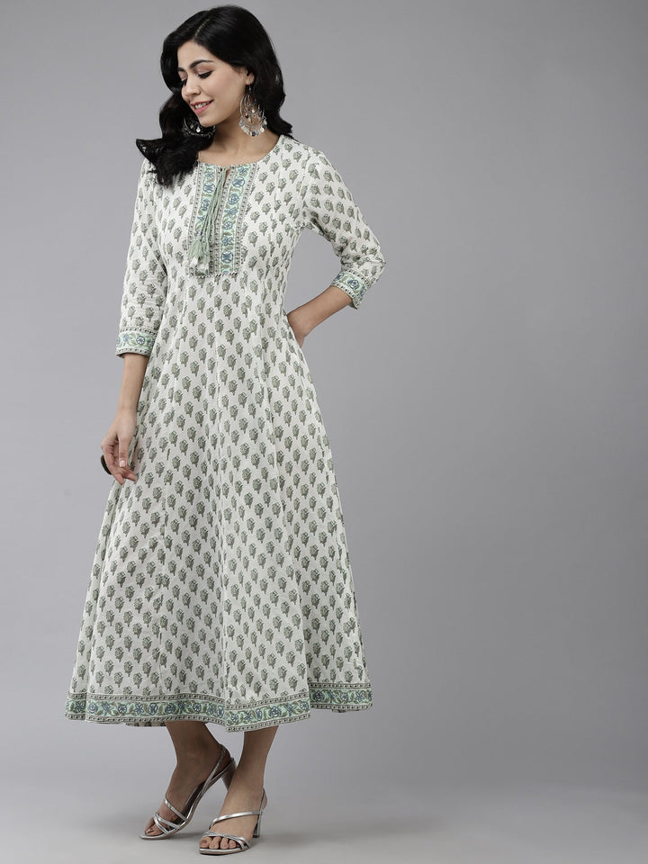 White & Green Ethnic Printed Dress-Yufta Store-7807KURWHS