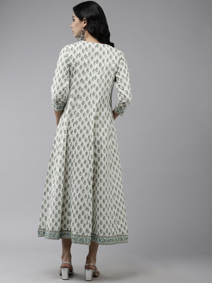 White & Green Ethnic Printed Dress-Yufta Store-7807KURWHS