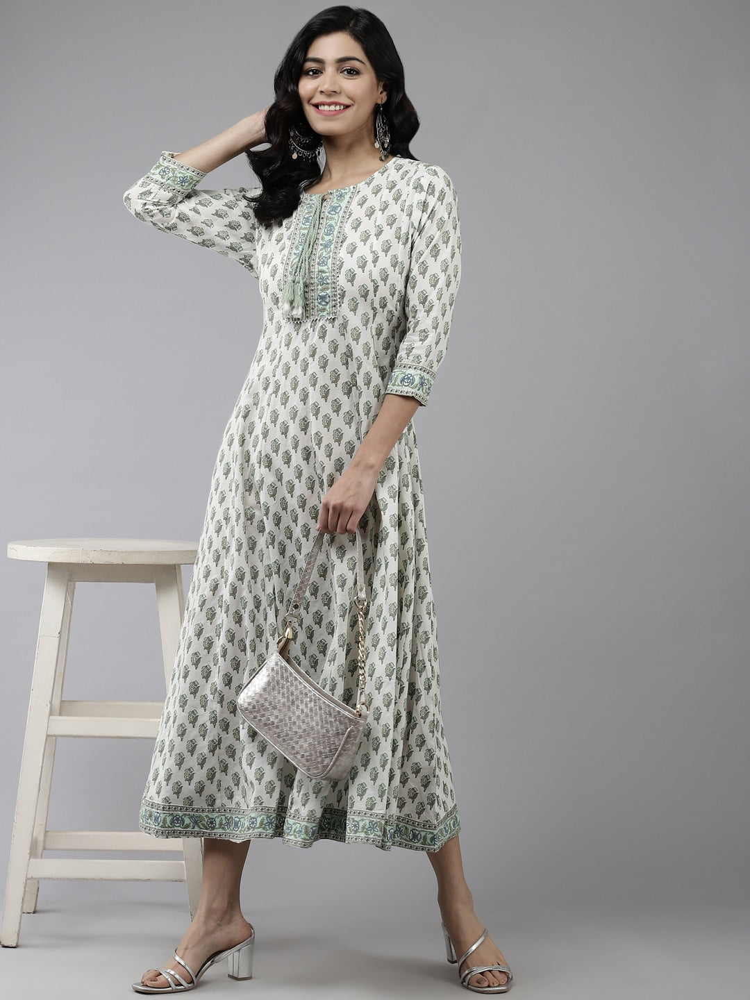 White & Green Ethnic Printed Dress-Yufta Store-7807KURWHS
