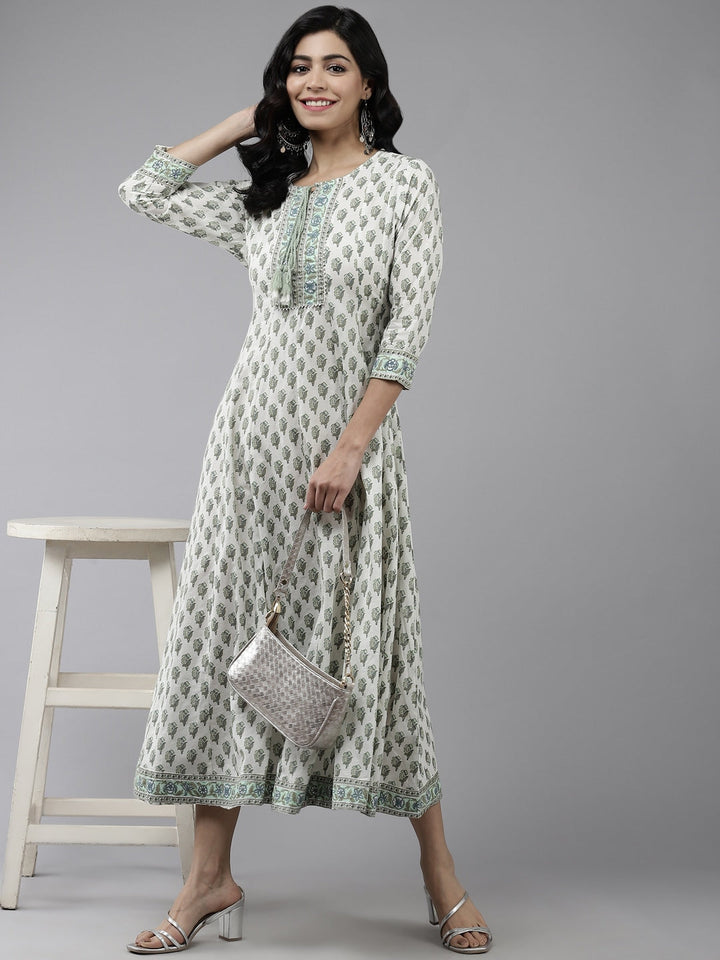 White & Green Ethnic Printed Dress-Yufta Store-7807KURWHS