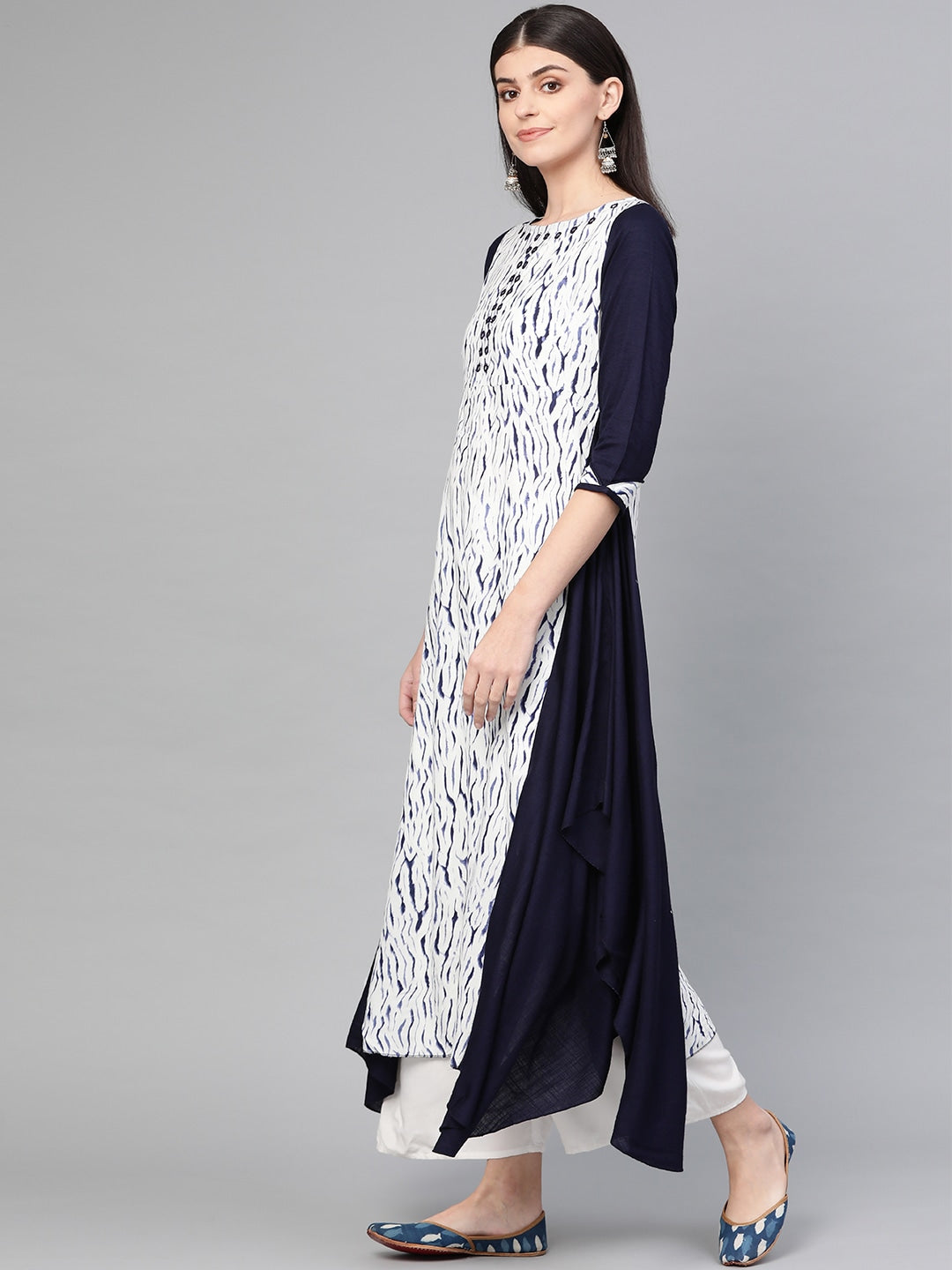 White & Navy Blue A-Line Kurta-Yufta Store-1328KURBLS