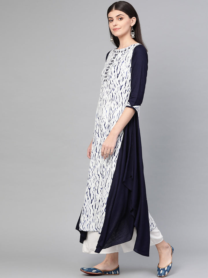 White & Navy Blue A-Line Kurta-Yufta Store-1328KURBLS