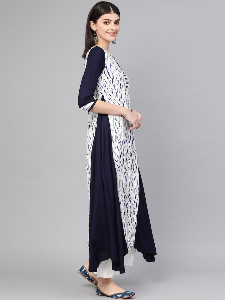 White & Navy Blue A-Line Kurta-Yufta Store-1328KURBLS