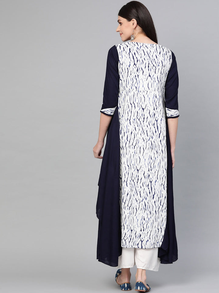 White & Navy Blue A-Line Kurta-Yufta Store-1328KURBLS