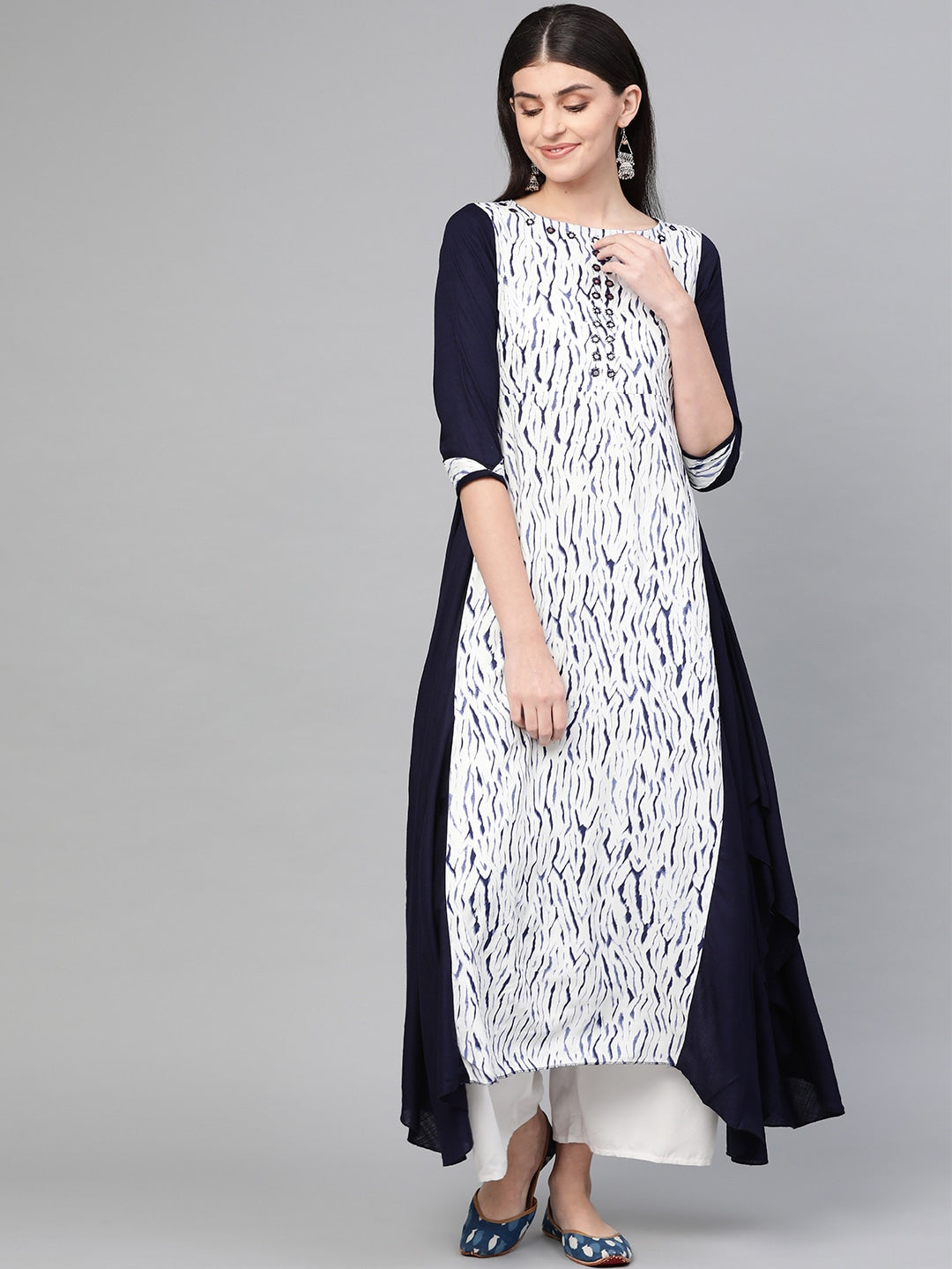 White & Navy Blue A-Line Kurta-Yufta Store-1328KURBLS