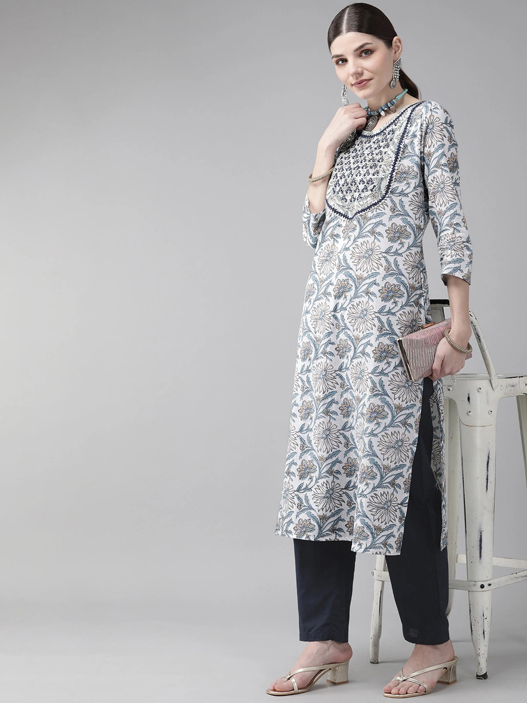 White & Navy-lue Printed Kurta Set-Yufta Store-2020SETWHS