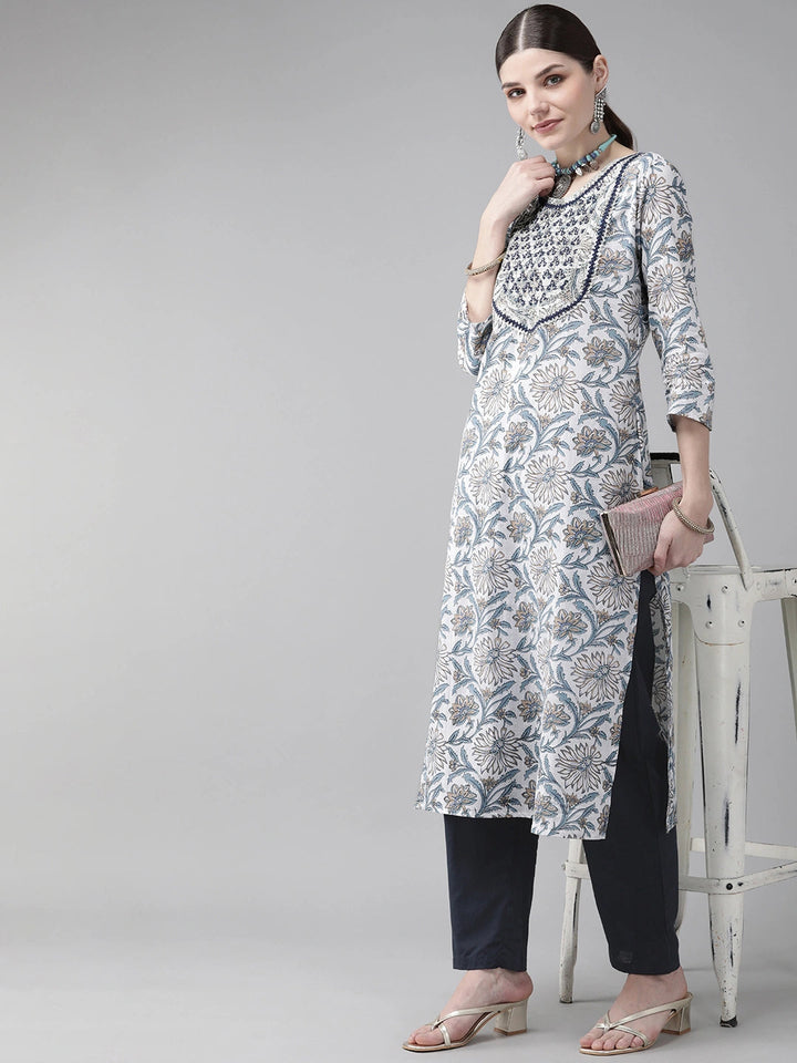 White & Navy-lue Printed Kurta Set-Yufta Store-2020SETWHS