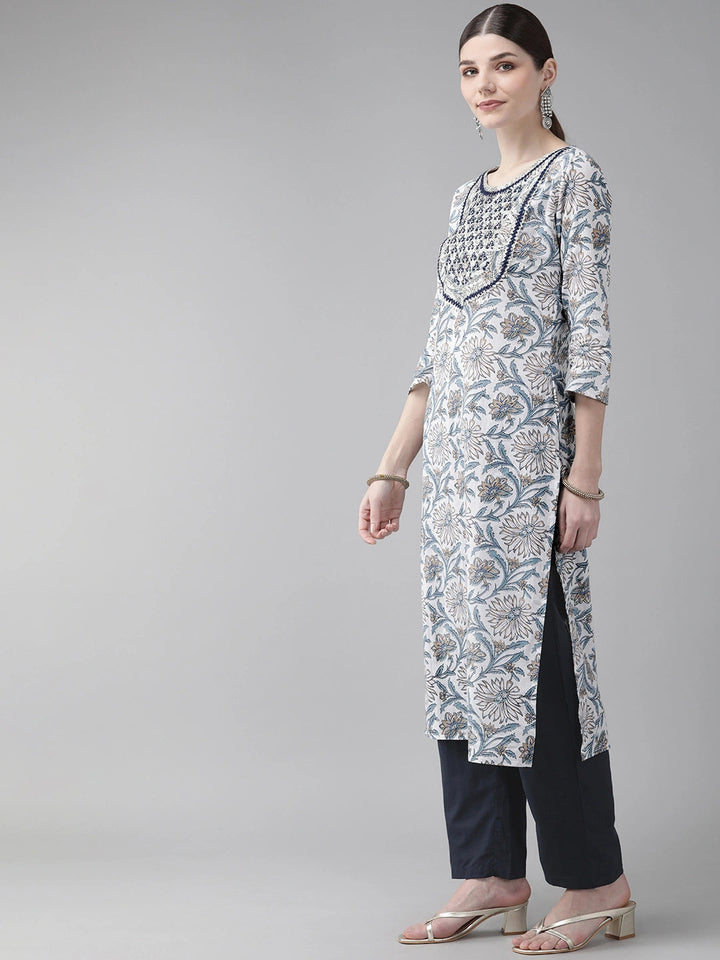 White & Navy-lue Printed Kurta Set-Yufta Store-2020SETWHS