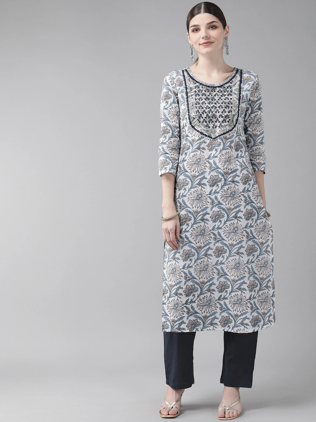 White & Navy-lue Printed Kurta Set-Yufta Store-2020SETWHS